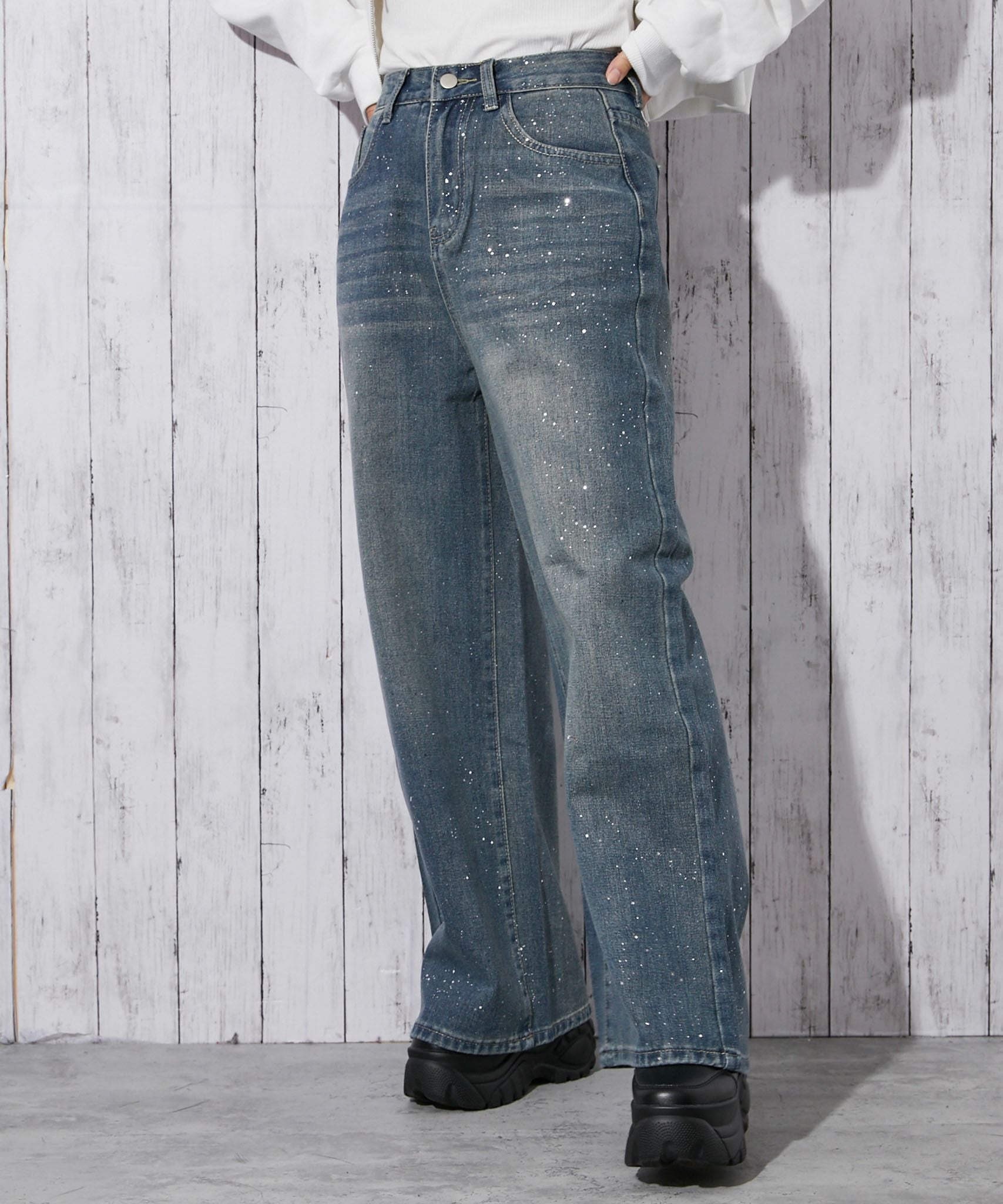 ラメ飛ばしデニム》レディース ストレートパンツ ノンストレッチ