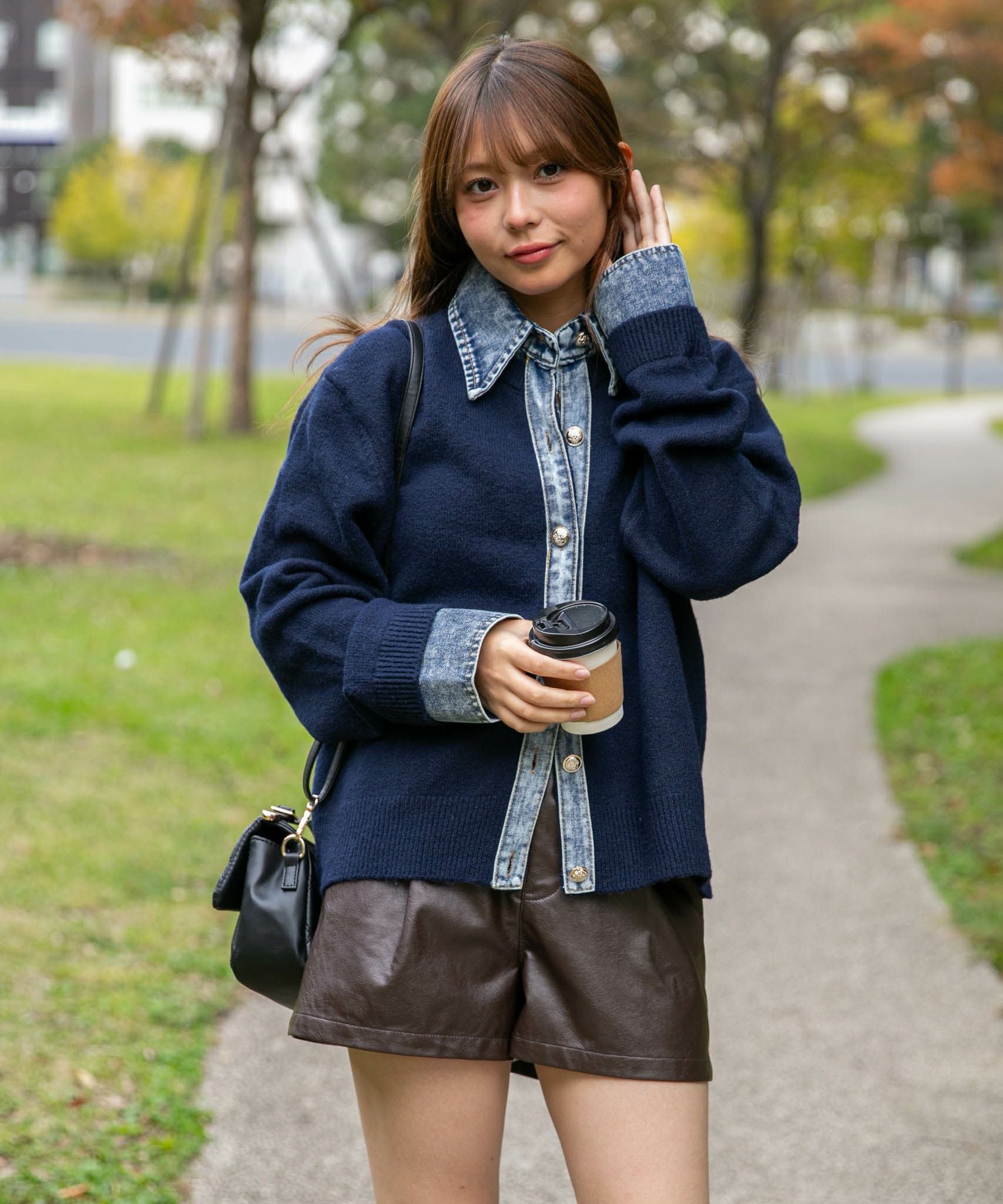 デニム衿×フェイクレイヤード》レディース ニットトップス ミドル丈