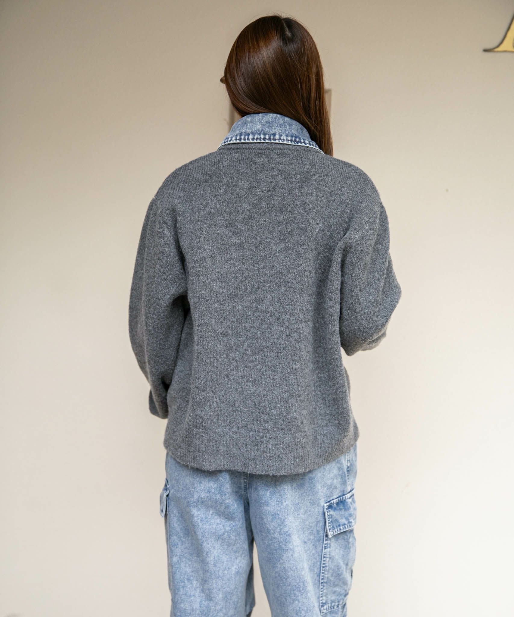デニム衿×フェイクレイヤード》レディース ニットトップス ミドル丈