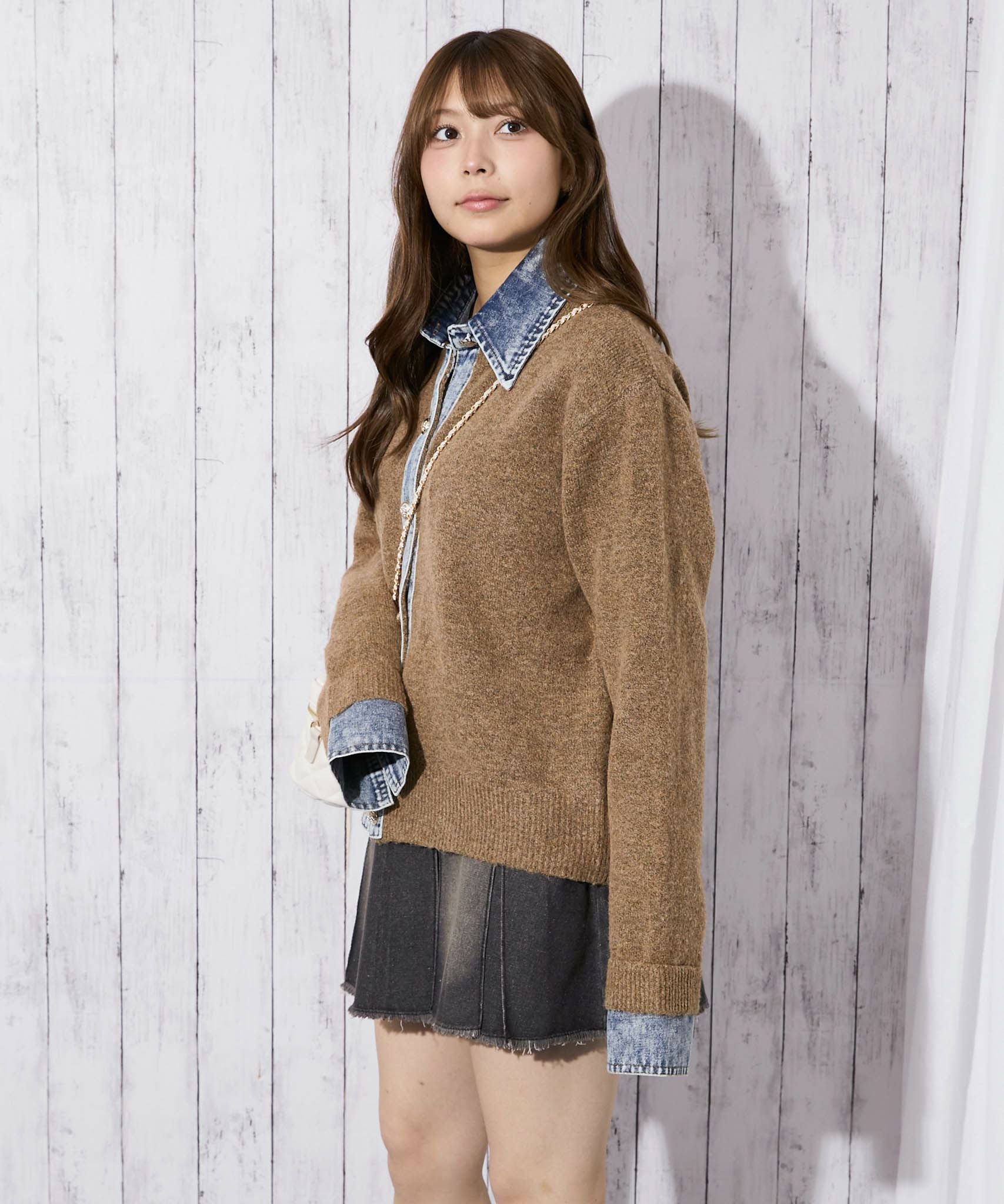 【美品】Gready Brilliantレイヤード風ニット ブラウン ドッキング チェック柄シャツレイヤード風ニットトップス[kz715] | レディース