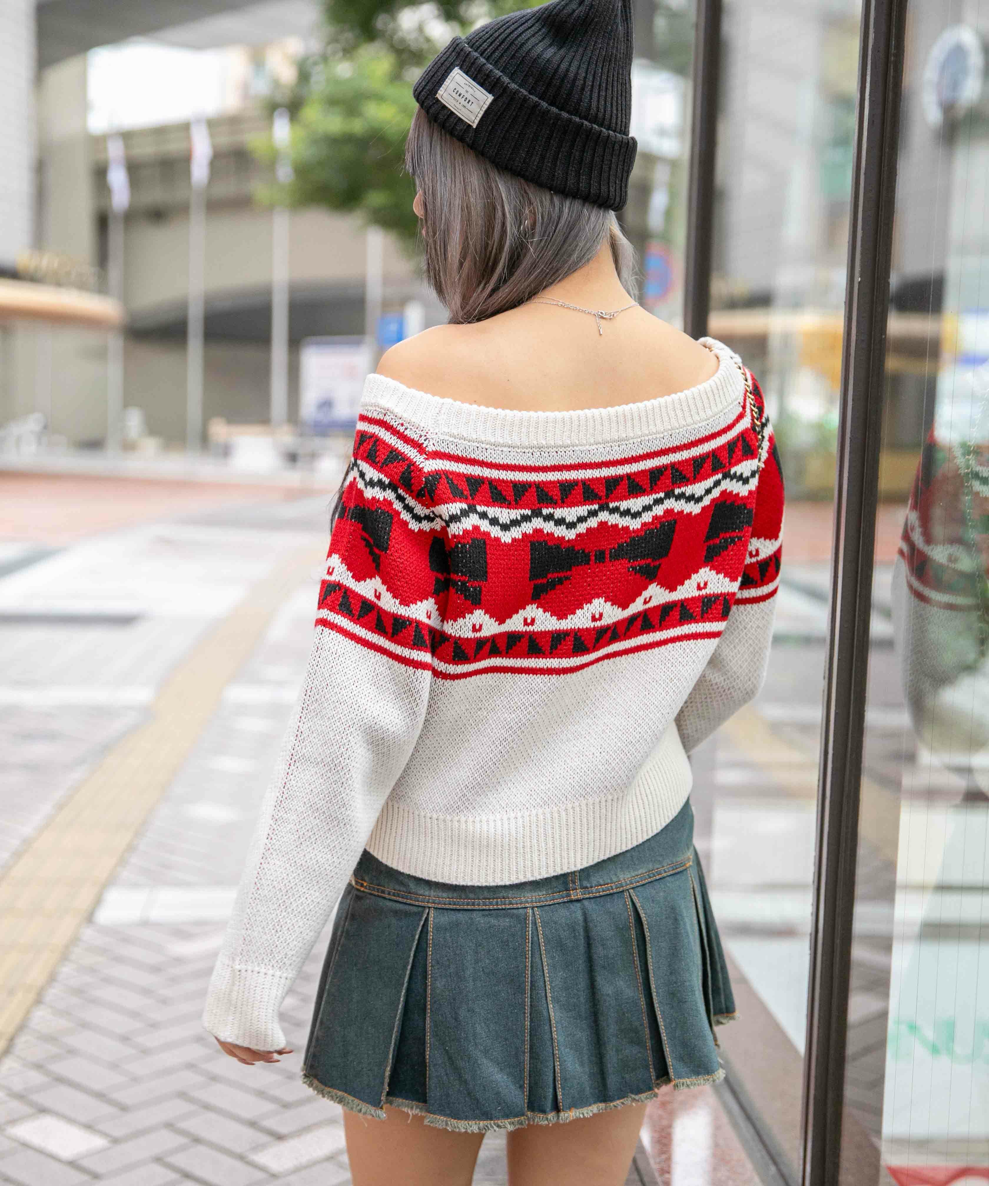 ノルディック風リボン柄×ワイドネック》ゆるシルエット◎ショート丈