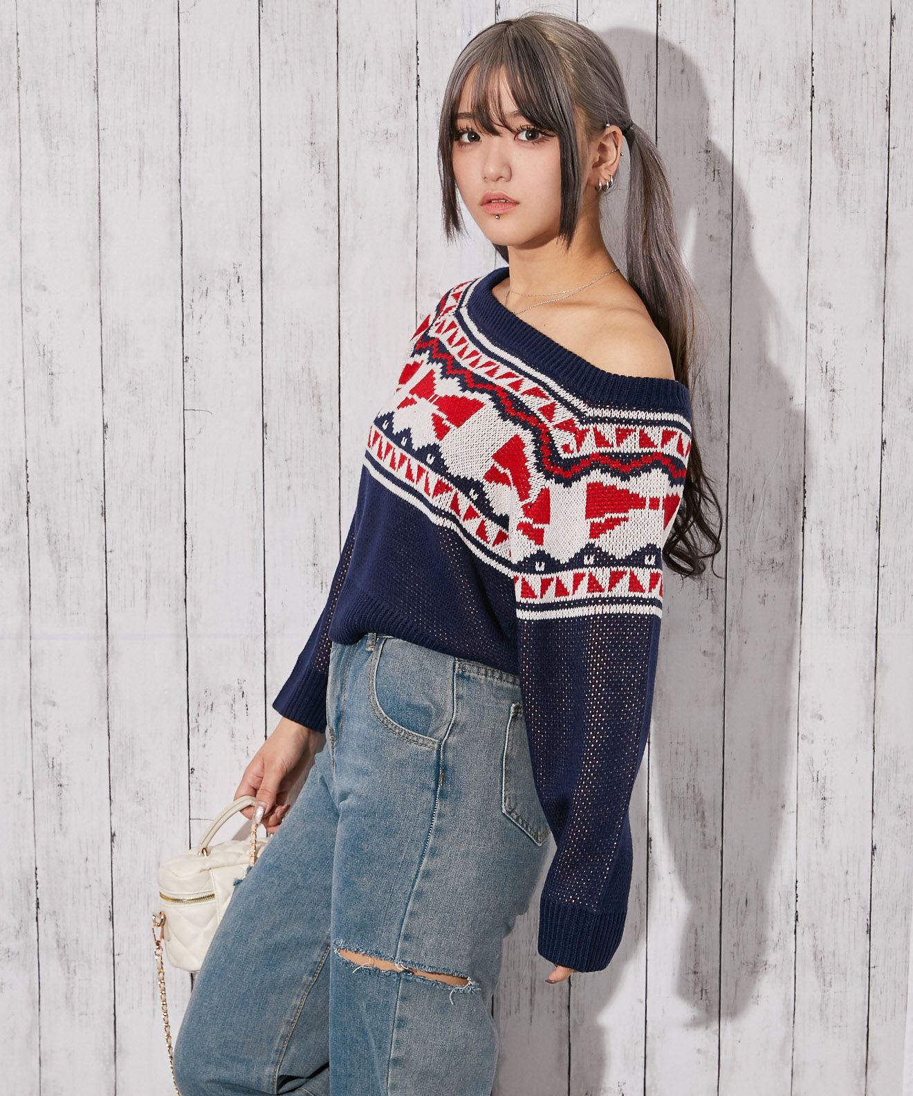 ノルディック風リボン柄×ワイドネック》ゆるシルエット◎ショート丈