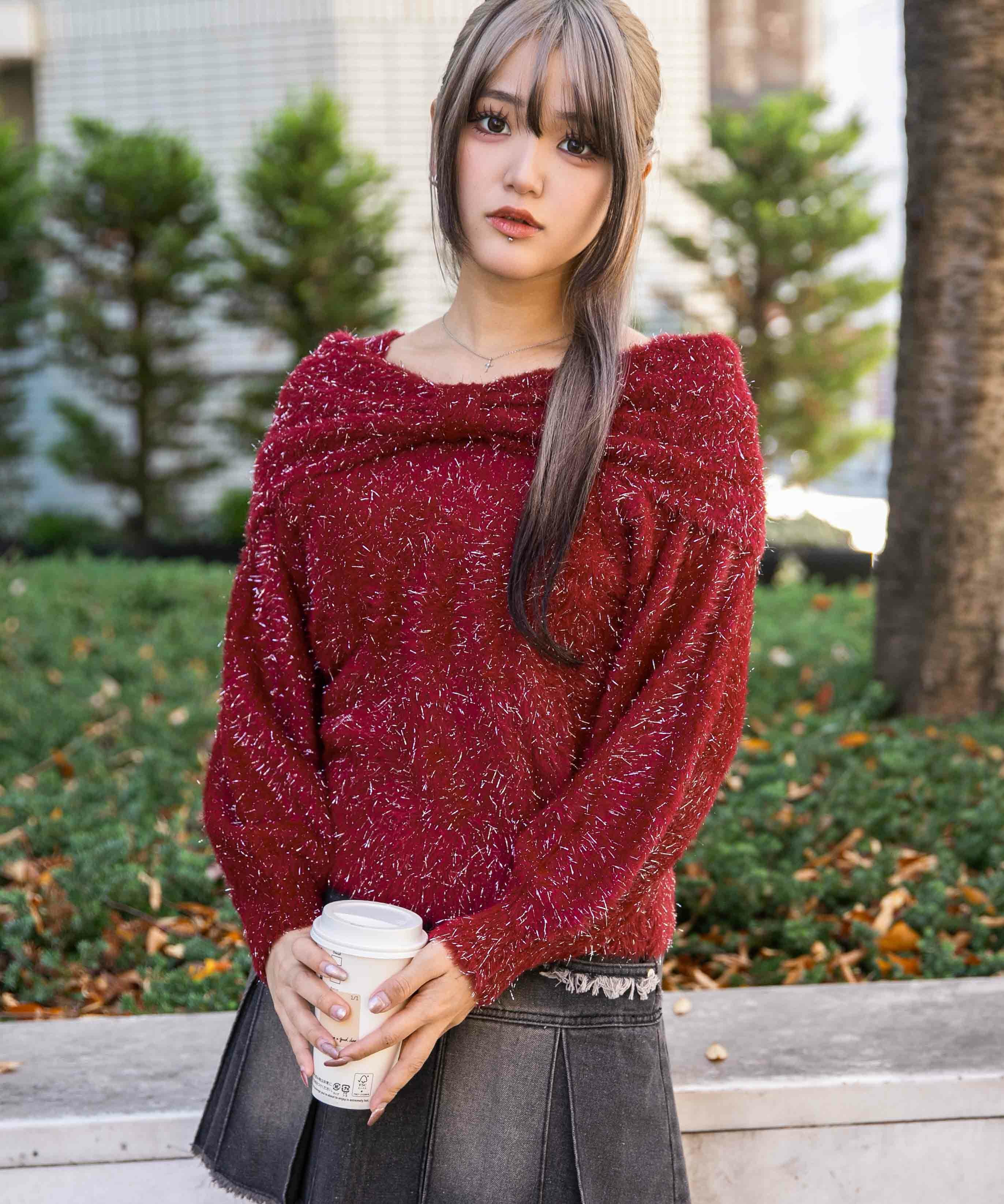 ディニテコリエ　ボルドーラクーンニット ふわシャギー×ラメ混》ワイドネックリボンニットトップス 冬◎ | GORGE