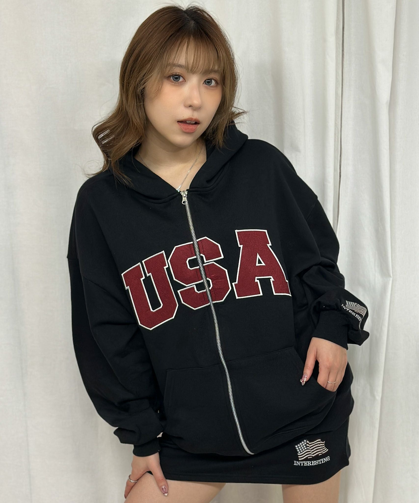 USAロゴ×星条旗袖刺繍》裏毛ZIPパーカー／秋冬春 セットアップ可