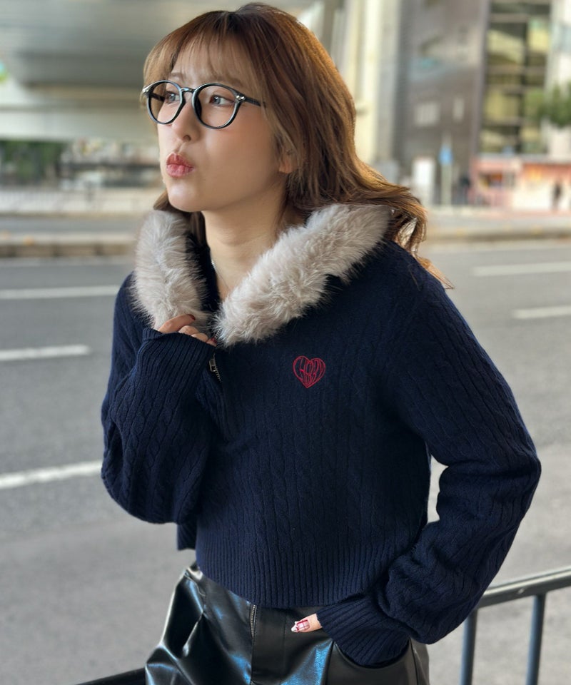 ケーブル編み×ファーフード》ハーフZIPニットプルオーバー／秋冬 