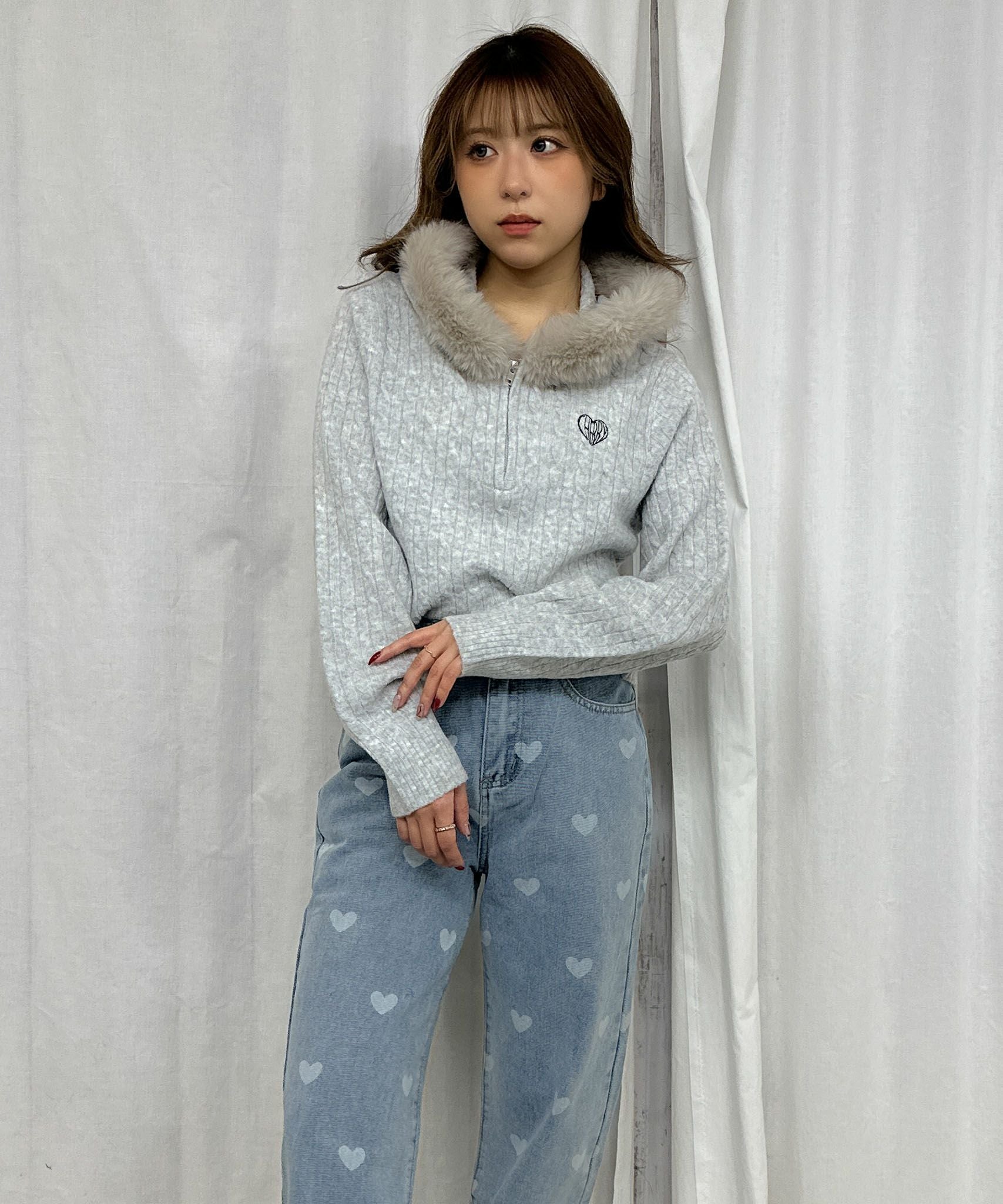 ケーブル編み×ファーフード》ハーフZIPニットプルオーバー／秋冬