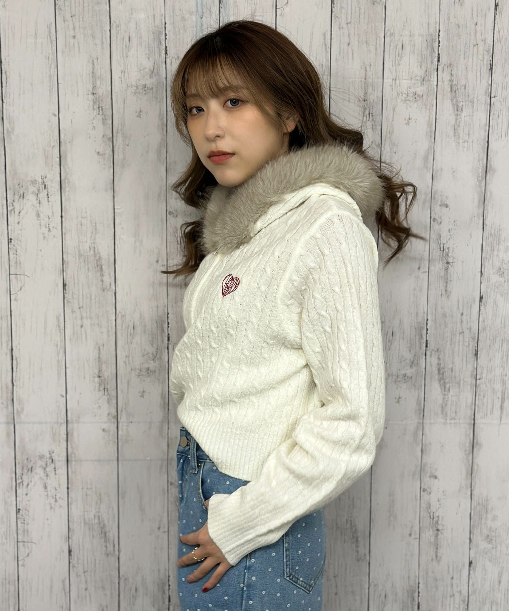 ケーブル編み×ファーフード》ハーフZIPニットプルオーバー／秋冬