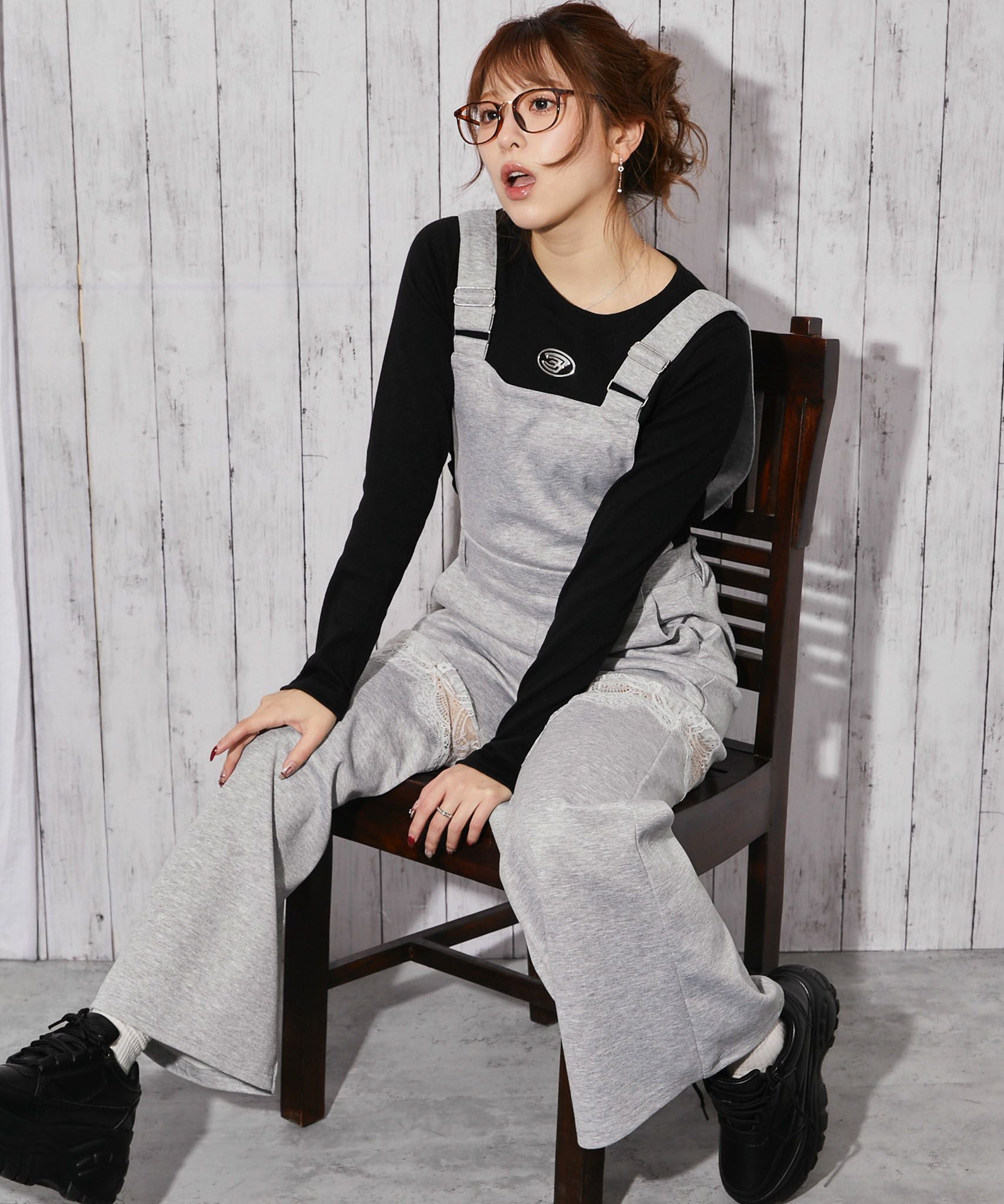 裏毛素材×レース切替》ワイドサロペット パンツ オールインワン 春