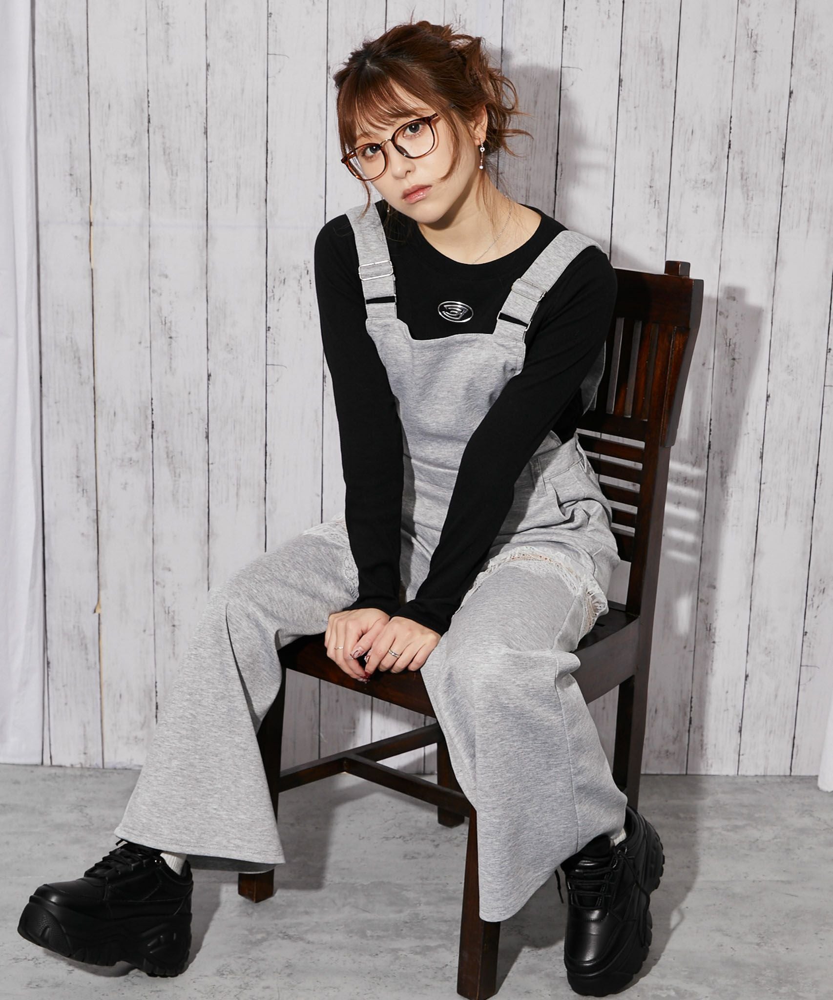 裏毛素材×レース切替》ワイドサロペット パンツ オールインワン 春