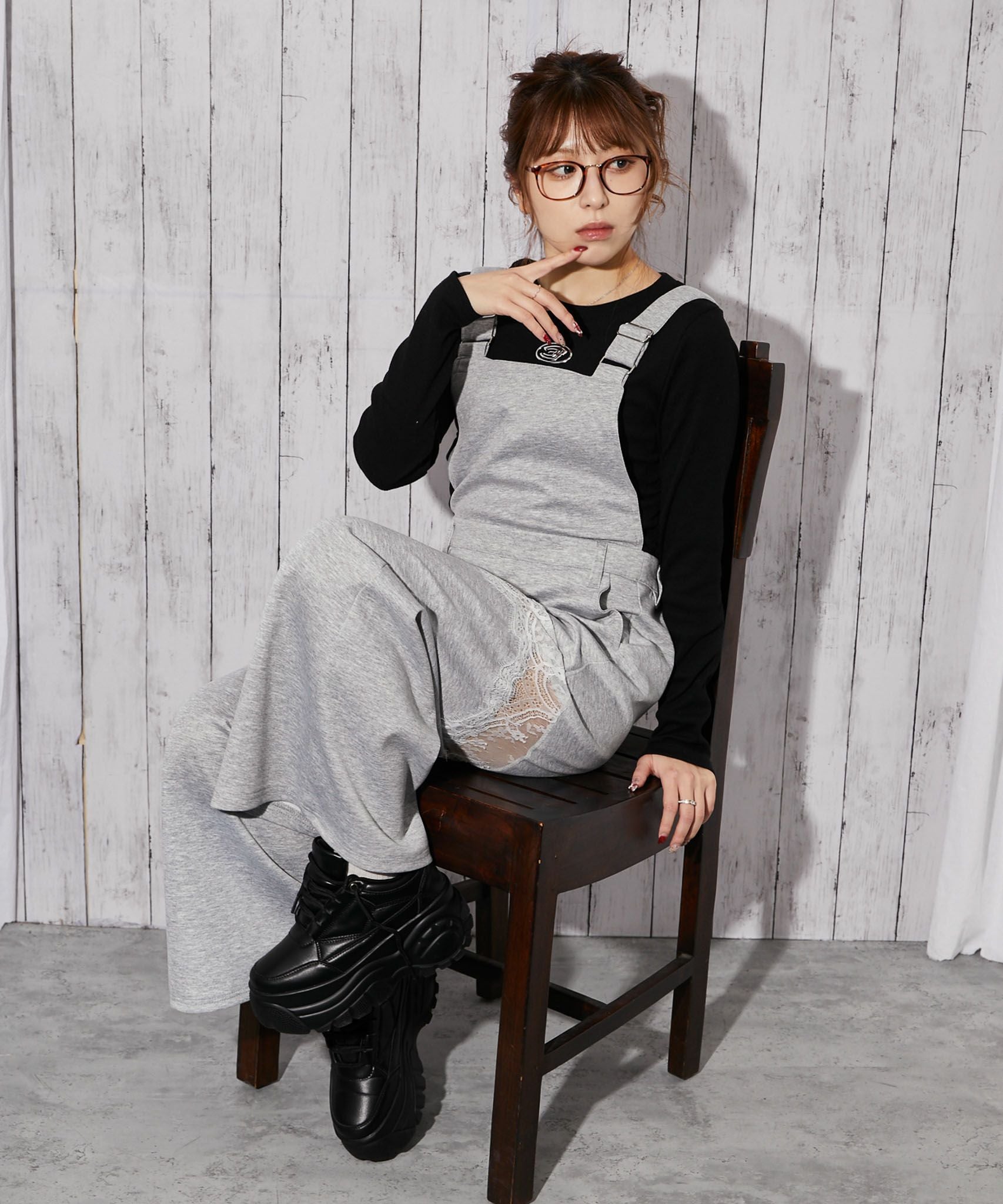 裏毛素材×レース切替》ワイドサロペット パンツ オールインワン 春