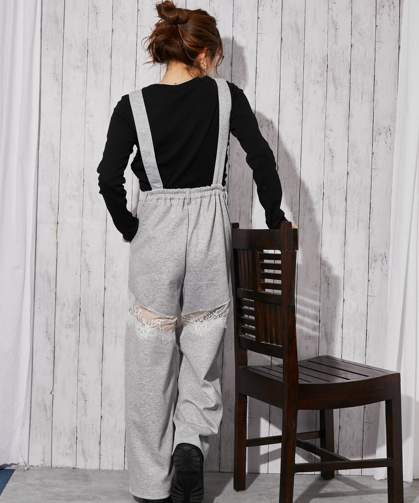 裏毛素材×レース切替》ワイドサロペット パンツ オールインワン 春