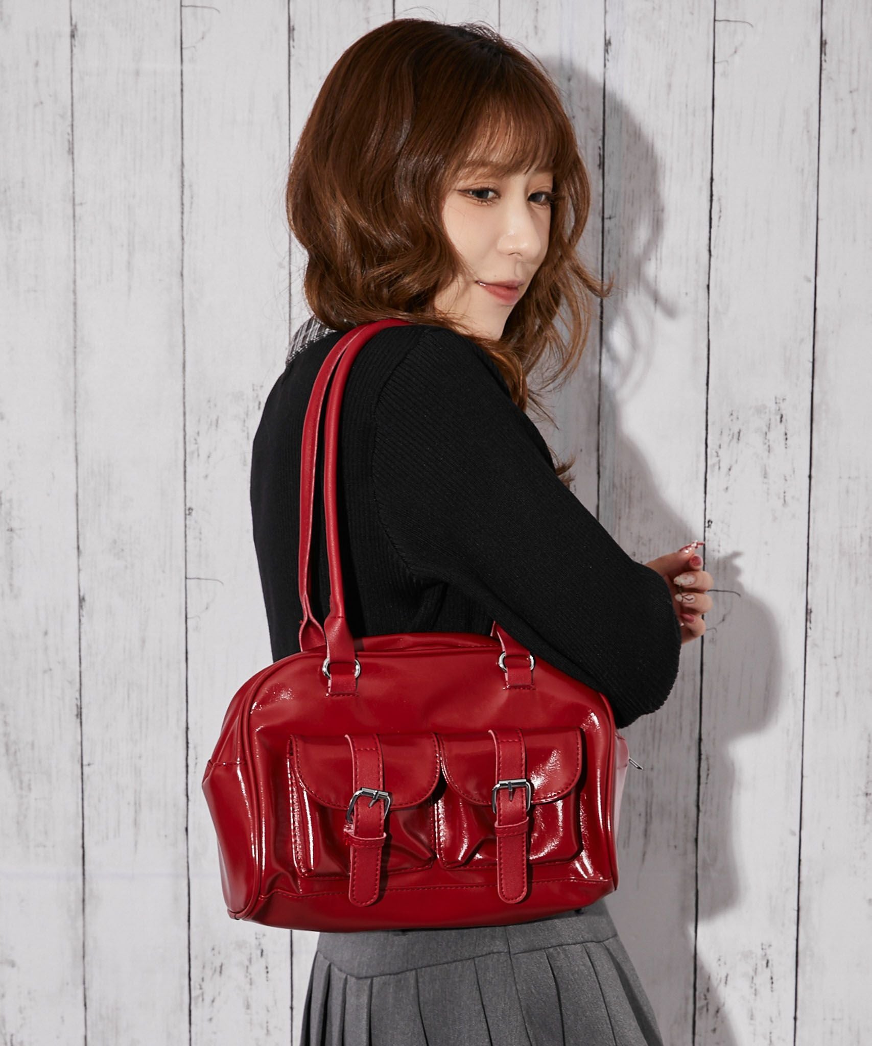 エナメル調×ツヤ素材》ポケット付きスクエアミニハンドバッグ | GORGE