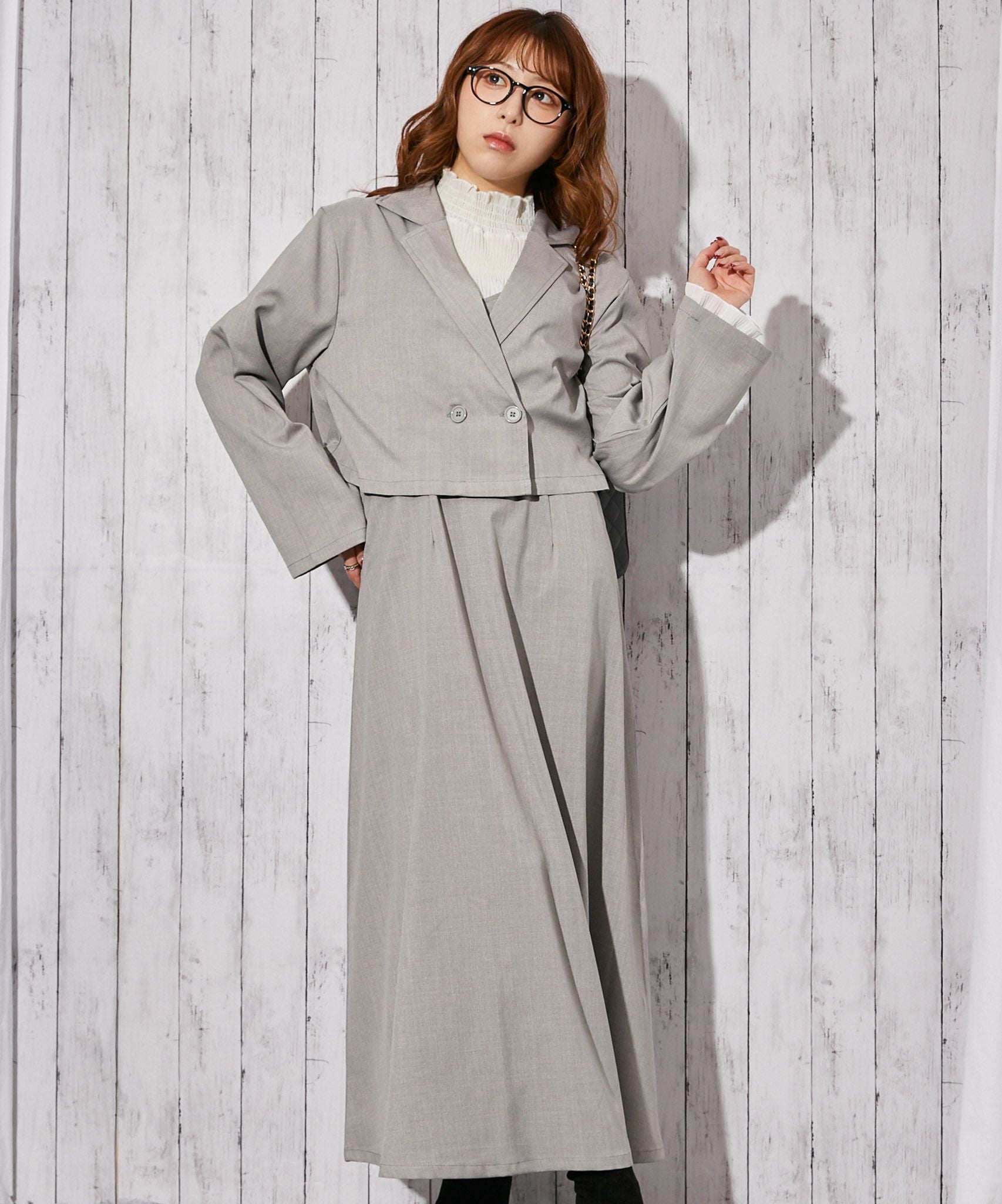 美品MHL☆美シルエット☆ジャケット春夏☆グレー 麻調・ワンピース＆ショートジャケット》セットアップ／キレイめ