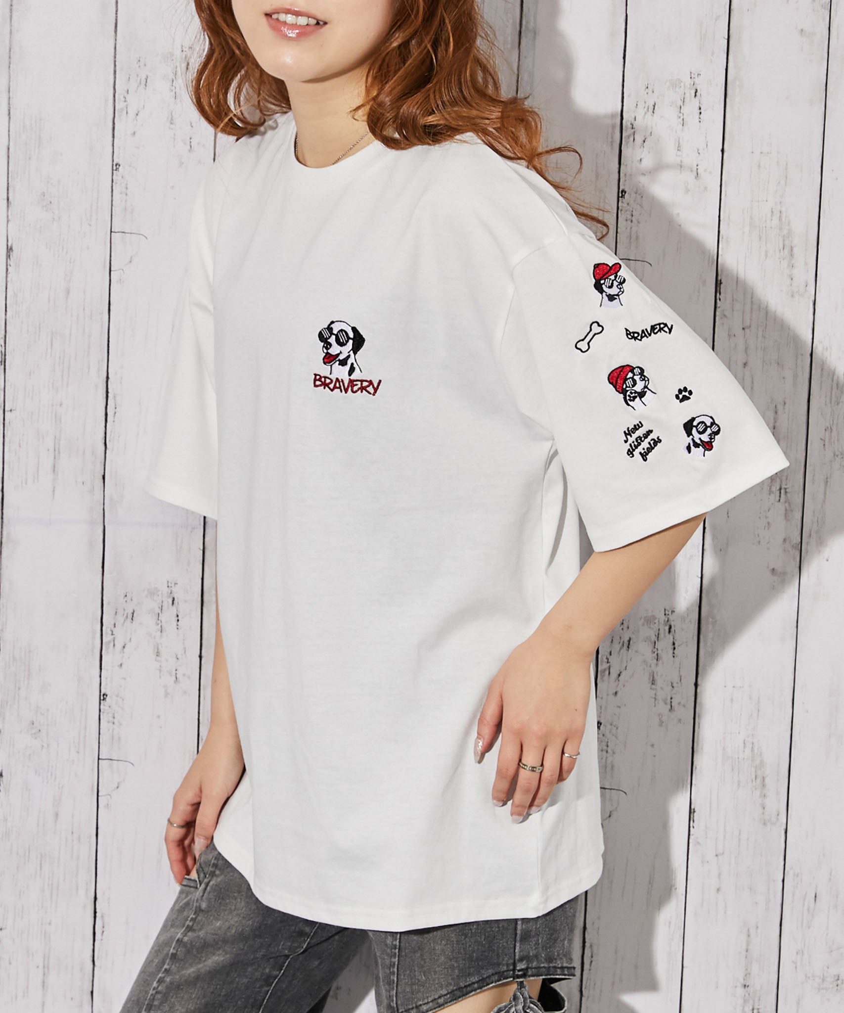 【ビッグロゴ刺繍】 Valenza VネックTシャツ白ホワイトストリートY2K ドッグ刺繍×袖刺繍デザイン》Tシャツ／ストリート／春夏秋／全3色