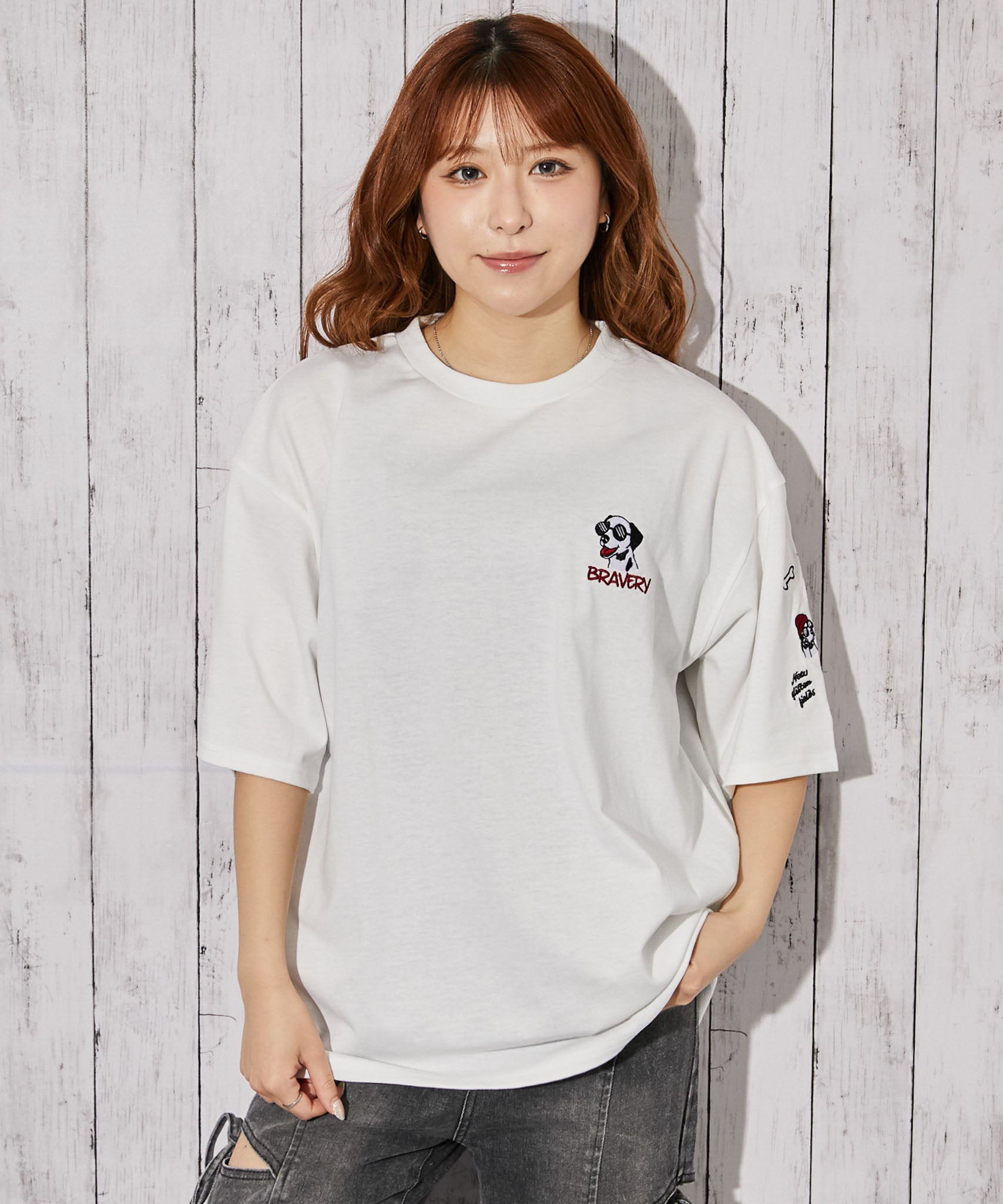 ドッグ刺繍×袖刺繍デザイン》Tシャツ／ストリート／春夏秋／全3色