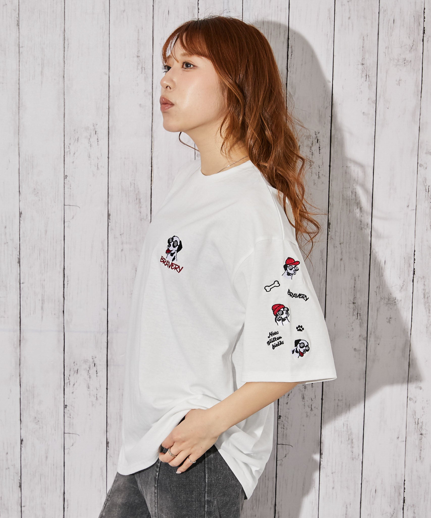 ドッグ刺繍×袖刺繍デザイン》Tシャツ／ストリート／春夏秋／全3色