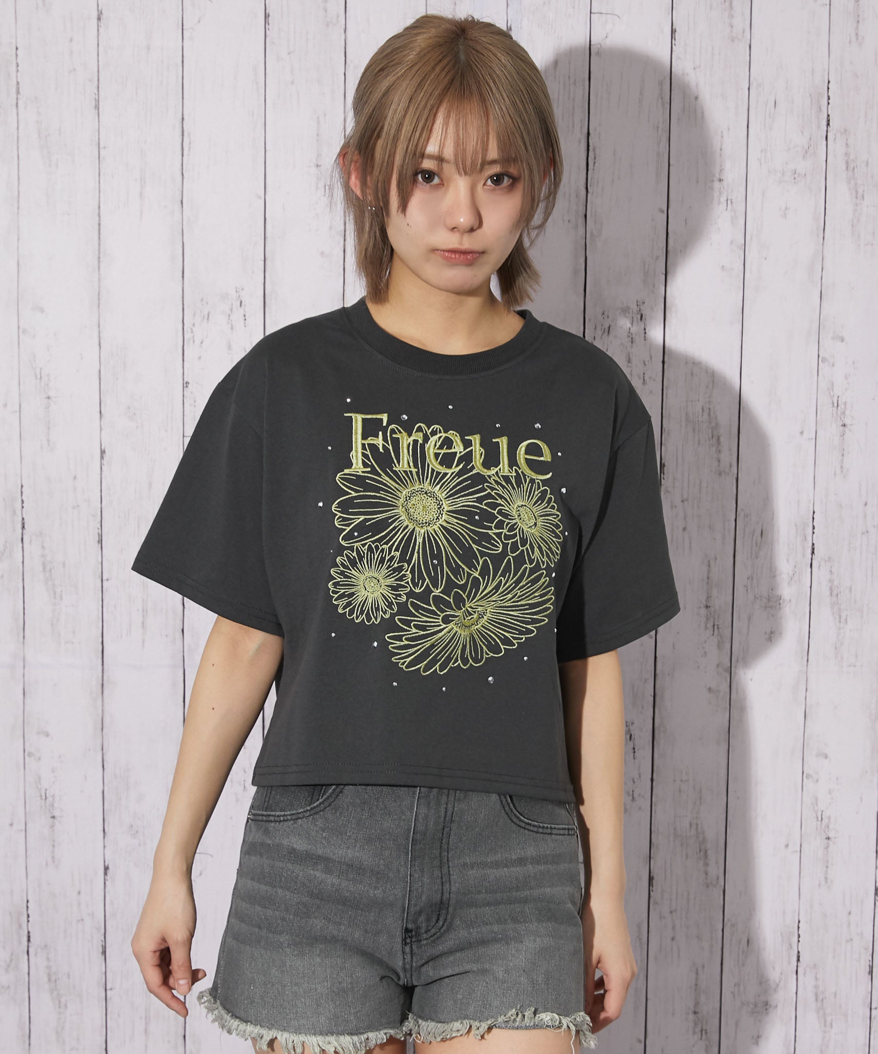 IL 花柄刺繍 Tシャツ スカート セット SET]フラワーフォトTEE+フラワープリントIラインギャザースカート(2set