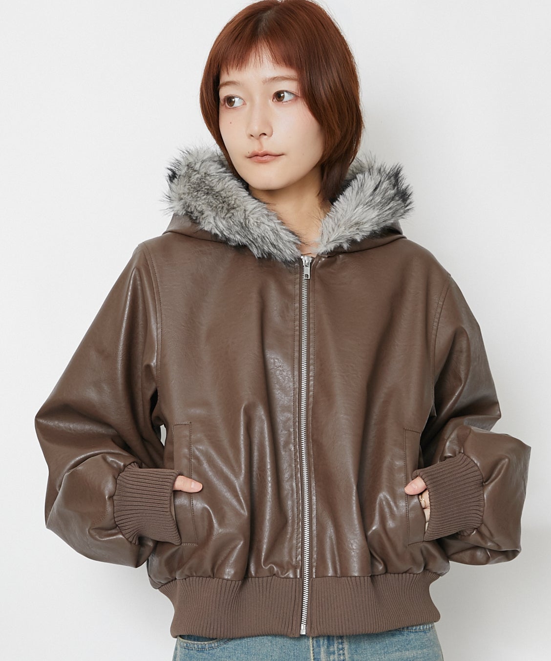 フェイクレザー レザー ブルゾン 茶色 ベーセーストック B C STOCK